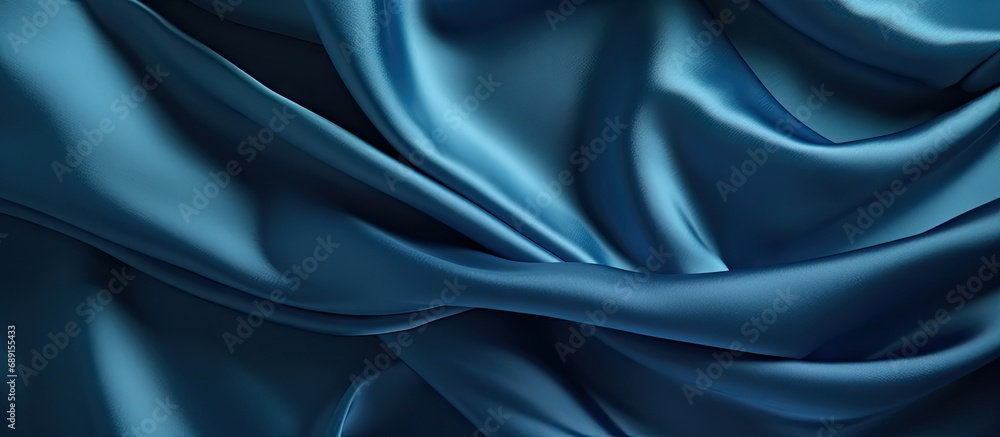 Fototapeta premium Luxurious blue silk satin backdrop with space for text design Web banner Top view table for special occasions Copy space image Place for adding text or design