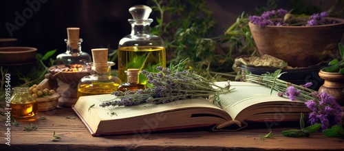 Flower remedies and natural healing with herbs oils crystals in an old fashioned pagan book Copy space image Place for adding text or design photo