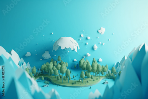 3d rendering of a mountain landscape with hot air balloons and trees photo