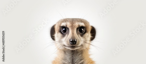 Meerkat portrait on white backdrop Copy space image Place for adding text or design photo