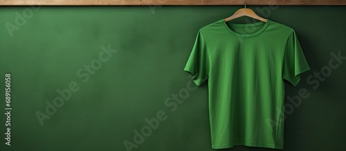 Green shirt hanging on wood...
