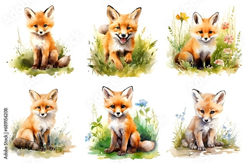 Set of watercolors of a little fox | generative AI © No34