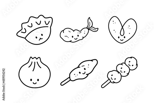 Cute cartoon line art illustrations of various Asian snack foods including dumplings, tempura, bao buns, fish cakes, and dango, all with happy faces.