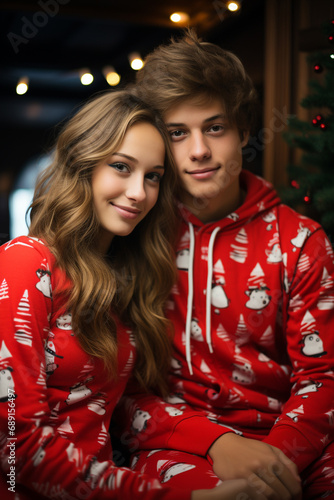 Two teens wearing a red onesie with a Christmas pattern cuddled up on the sofa