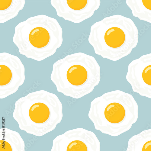 Vector Seamless Pattern with Flat Fried Egg, Omelet on a Blue Background. Healthy Breakfast, Protein Food, Diet Meal Concept. Design Template