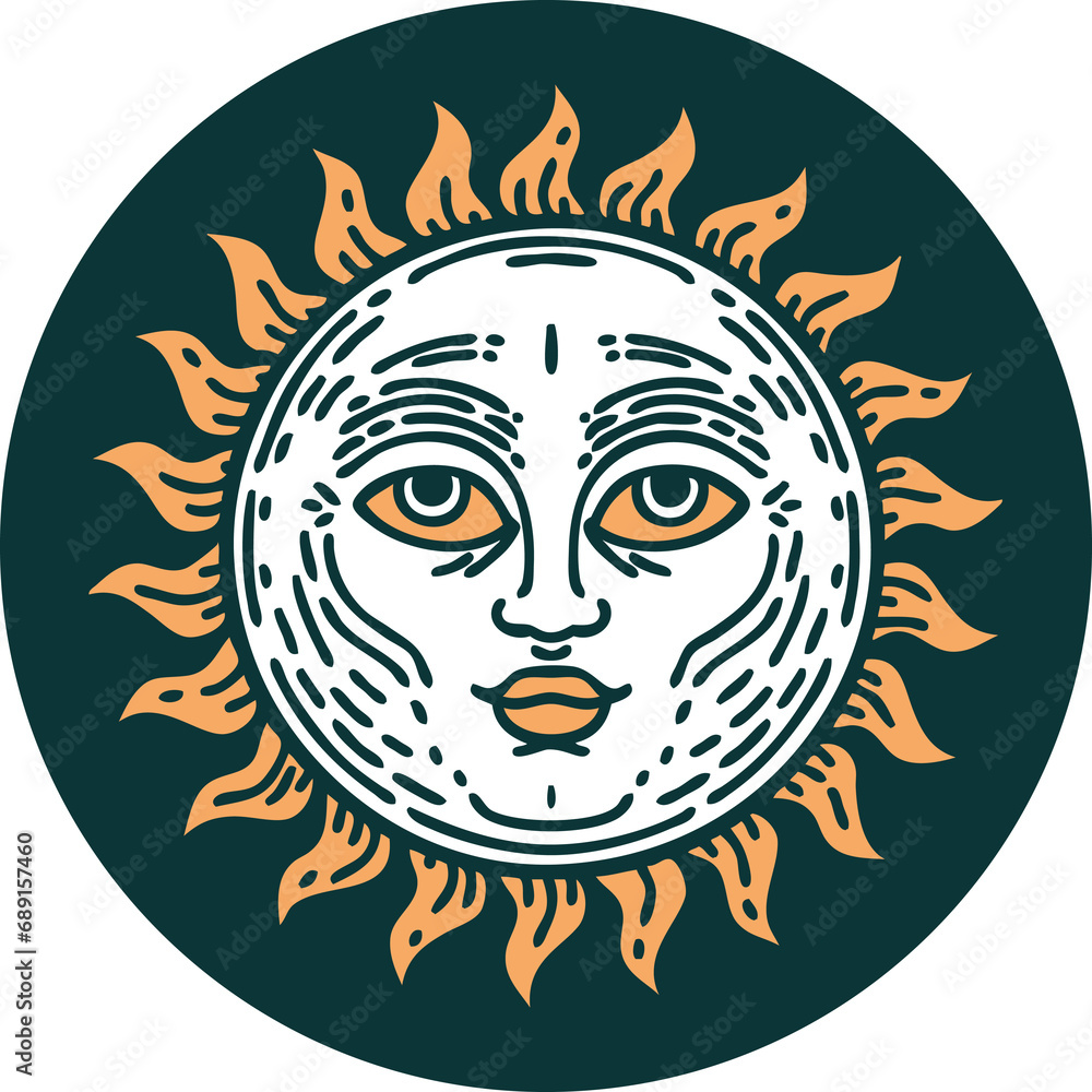 iconic tattoo style image of a sun with face iconic tattoo style image of a sun with face