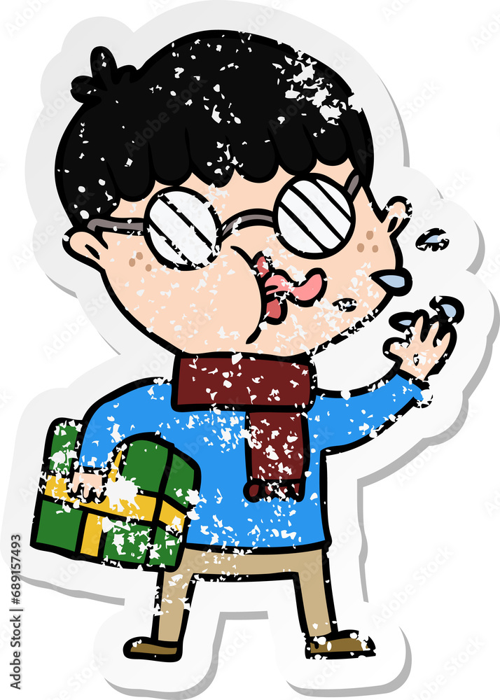 distressed sticker of a cartoon boy wearing spectacles with christmas gift distressed sticker of a cartoon boy wearing spectacles with christmas gift