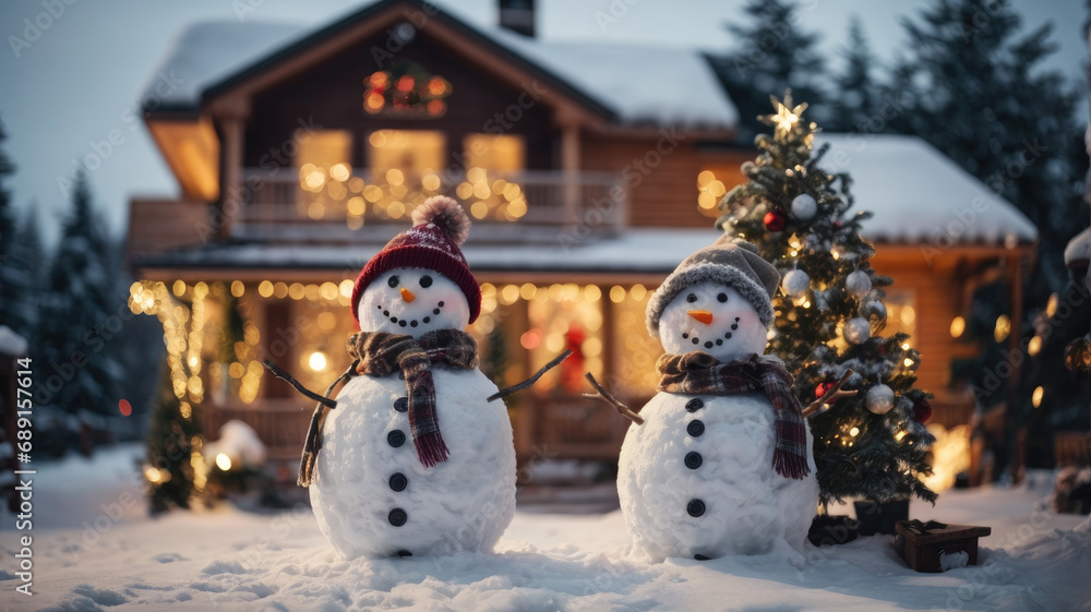 Obraz premium snowman on the background of a house with Christmas decorations