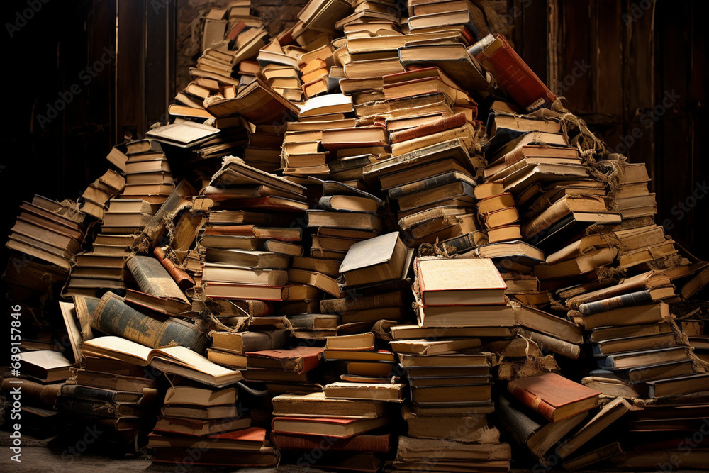 A huge number of old books folded at an angle created with Generative Ai