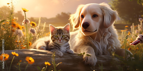 A cat and dog peacefully resting together on the ground, resting together in the garden blurry background,looking at the camera. Perfect for animal themes and showcasing their lovable nature  #689157803