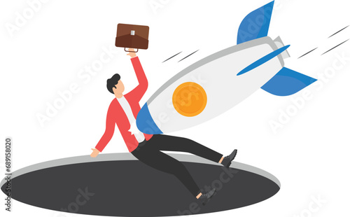 Fail entrepreneur and startup failure. Risk bankruptcy and accident with business space rocket vector illustration concept. Company idea background and project start. Man launch.

