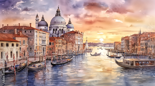 watercolor painting of venice city of italy at sunset background © pasakorn