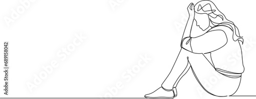 continuous single line drawing of thoughtful worried woman sitting on floor holding her head, line art vector illustration