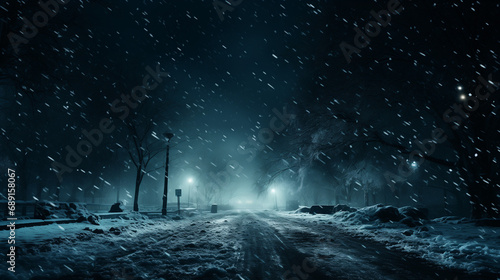 eisige frostige nacht himmel dunkel sterne klirrend kalt verschneite straße schnee regen glätte frost ki ai generiert photo