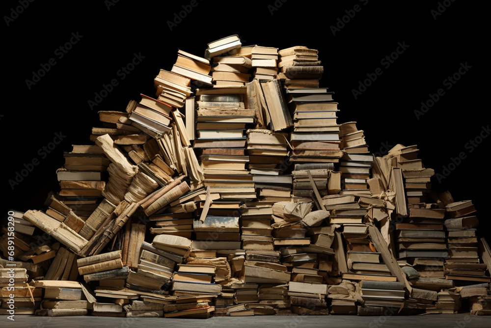 A huge number of old books folded at an angle created with Generative Ai