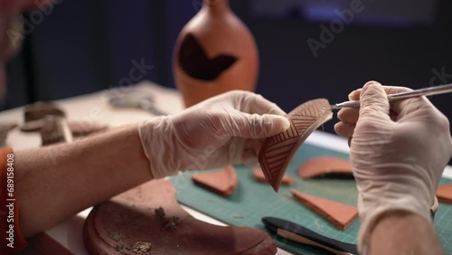 Archaeologist cleaning vase with brush. Archeologists discover of vessel species. Archeological Site. photo