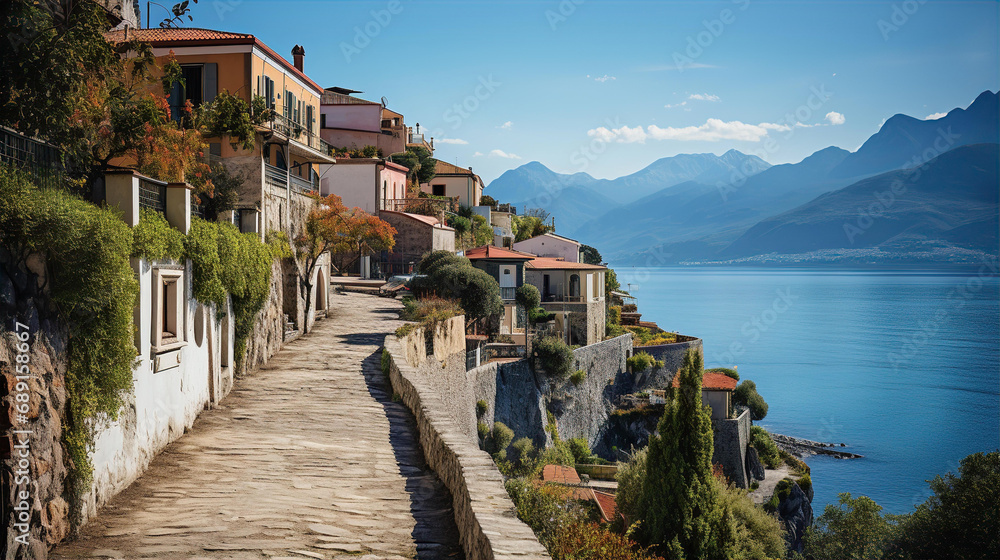 Amalfi coast look-like landscape, Italian town on the sea, terraced houses decorated with flowers. Mediterranean travel concept	
