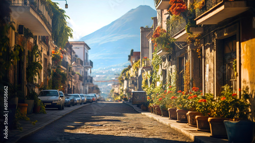 Amalfi coast look-like landscape, Italian town on the sea, terraced houses decorated with flowers. Mediterranean travel concept	
 photo