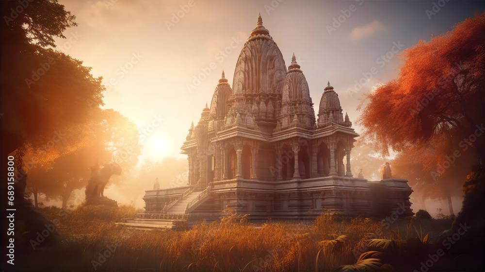 Obraz premium Beautiful old Asian Hindu temple at sunset. 