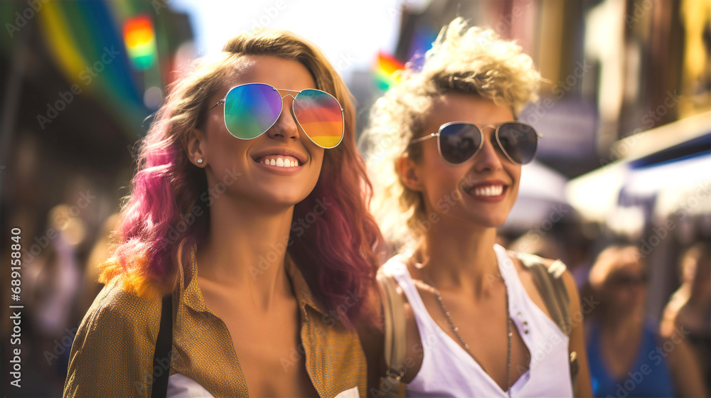 Pride Parade. Lesbian couple at parade with lots of happy LGBT people celebrating freedom and love Pride Parade. Lesbian couple at parade with lots of happy LGBT people celebrating freedom and love