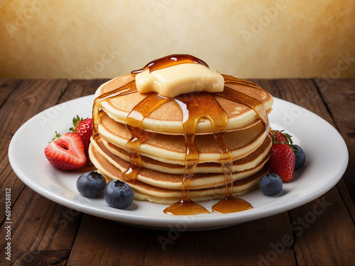 a stack of delicious pancakes with melting butter and maple syrup, cooked to perfection, breakfast, Food photo