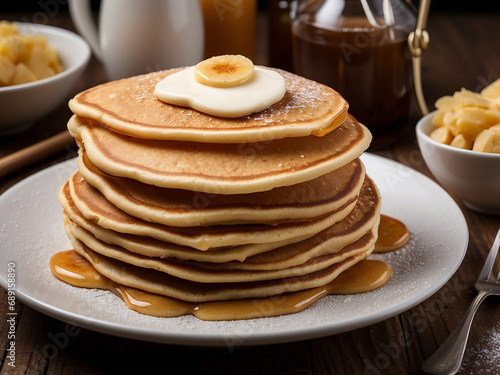 a stack of delicious pancakes with melting butter and maple syrup, cooked to perfection, breakfast, Food