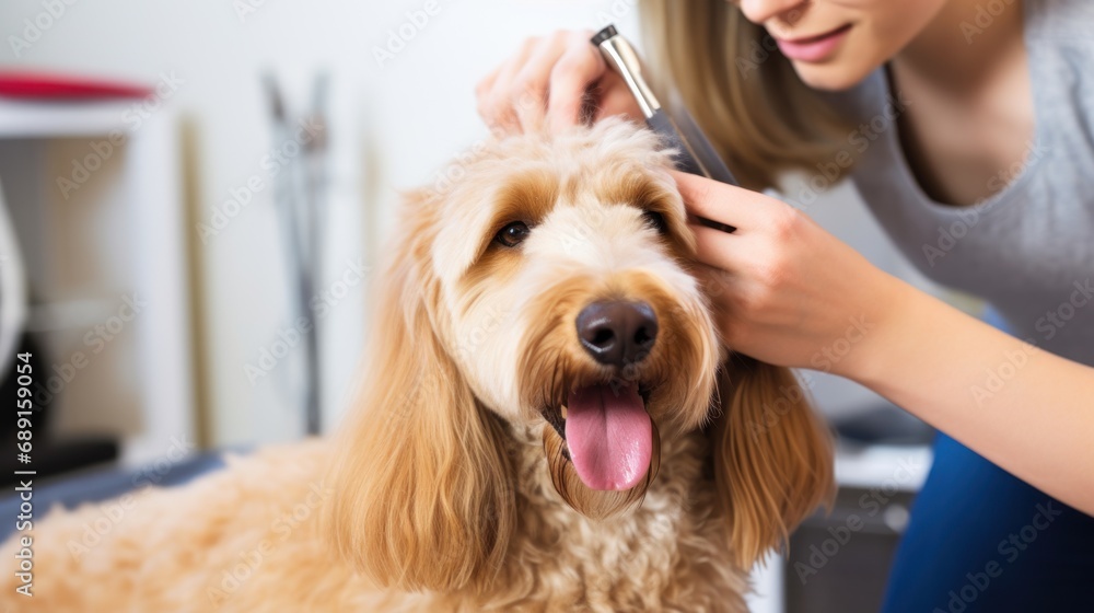 Grooming a fluffy dog in a hair salon for dogs. Beautiful goldendoodle Grooming a fluffy dog in a hair salon for dogs. Beautiful goldendoodle