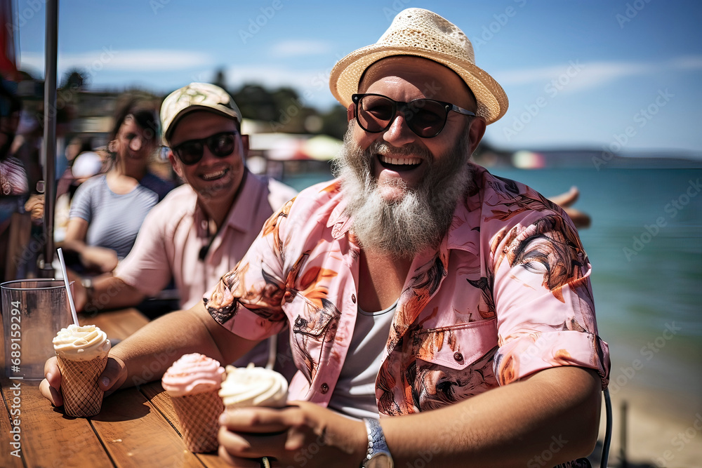 Smiling Middle-Aged Man with Gray Beard, Sunglasses, and Straw Hat Sitting with an Ice Cream Cone at a Rustic Wooden Table by the Sea