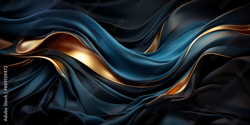 Obraz premium Wellenmotiv in gold mit blauen Farben als Hintergrundmotiv für Webdesign im Querformat für Banner, ai generativ