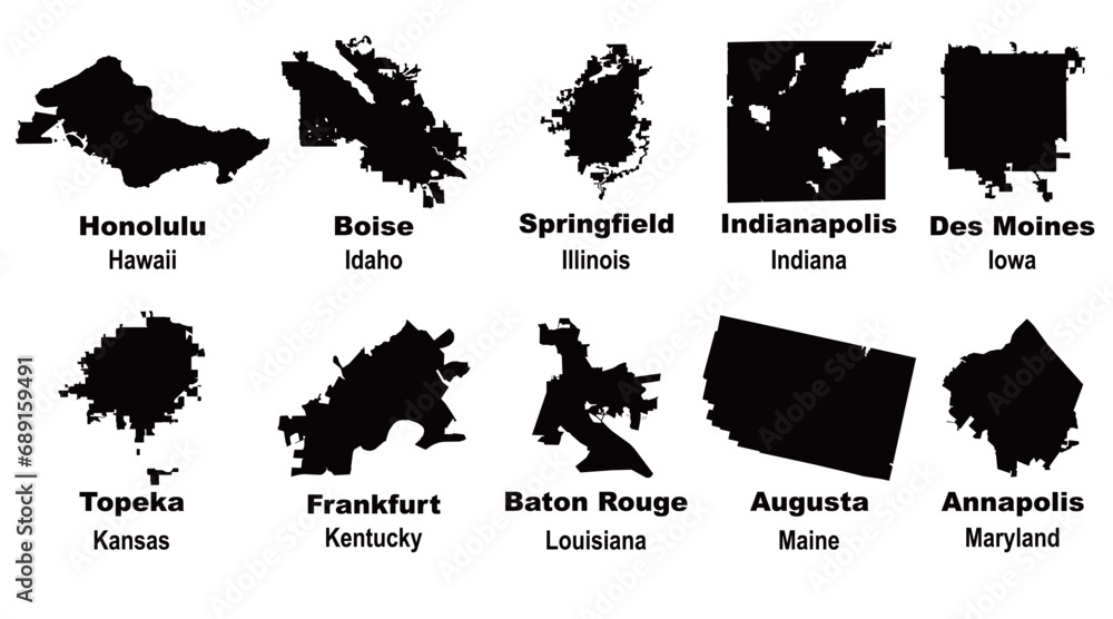 Layered editable vector illustration of map outlines of ten US state capital cities Layered editable vector illustration of map outlines of ten US state capital cities