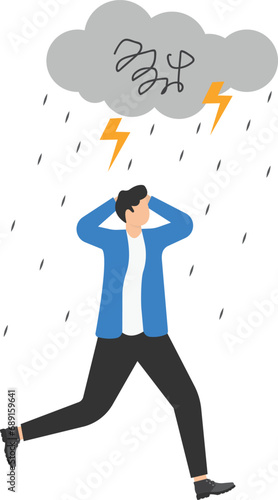 Frustrated businessman, businessmen walking under rain and lightning.


