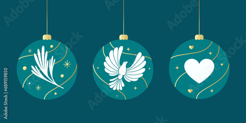 Christmas balls with a dove, a fir tree branch and a heart. Christmas decorations in vector.