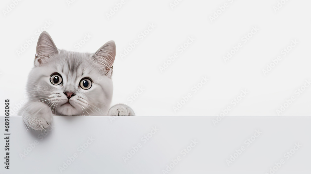 A
 kitten peeks out from under the table on a white background