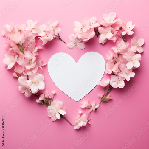 
Creative layout with pink sakura flowers, paper heart over punchy pastel background. Greeting card concept. Present for Woman day or Valentine's Day 