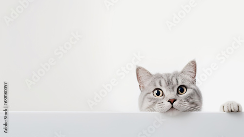 A small white kitten peeks out from under the table on a white background