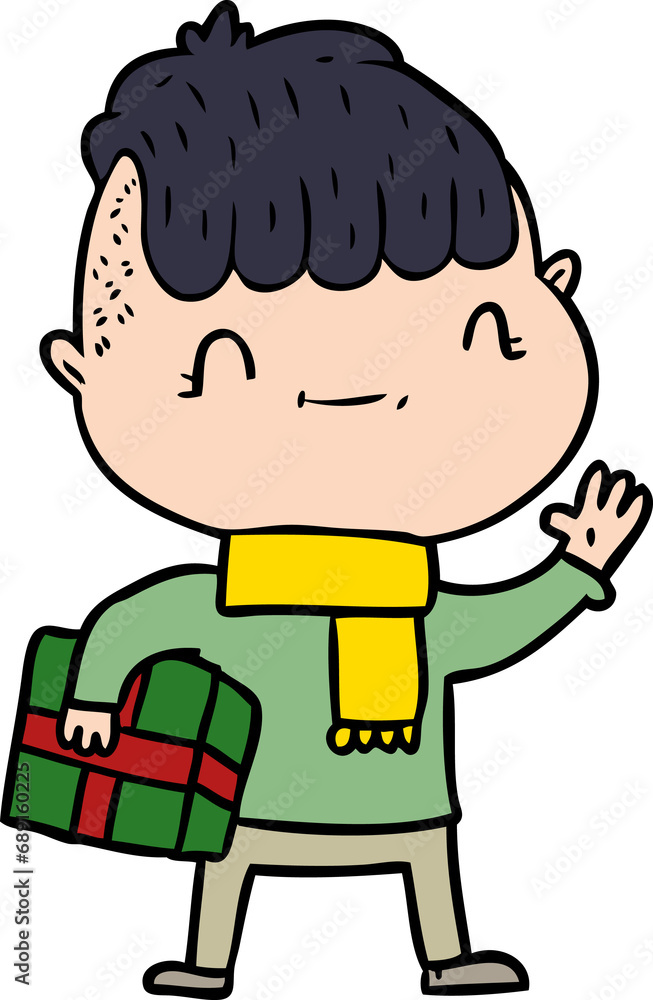 cartoon friendly boy with christmas present cartoon friendly boy with christmas present