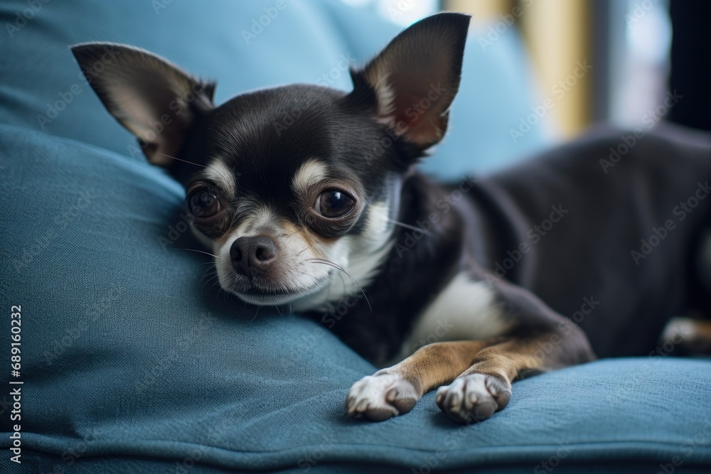 Cute chihuahua dog laying on living room's sofa and looking at camera. Cute chihuahua dog laying on living room's sofa and looking at camera.