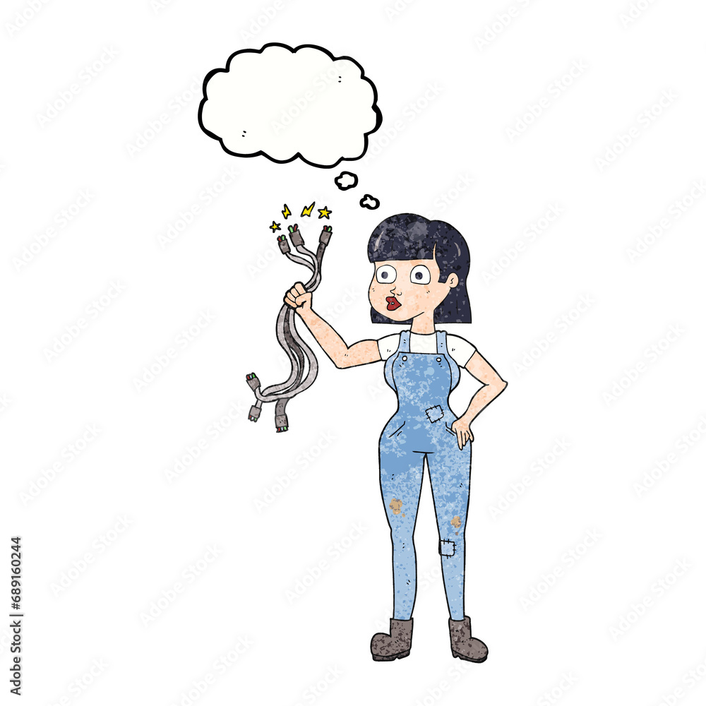 freehand drawn thought bubble textured cartoon female electrician