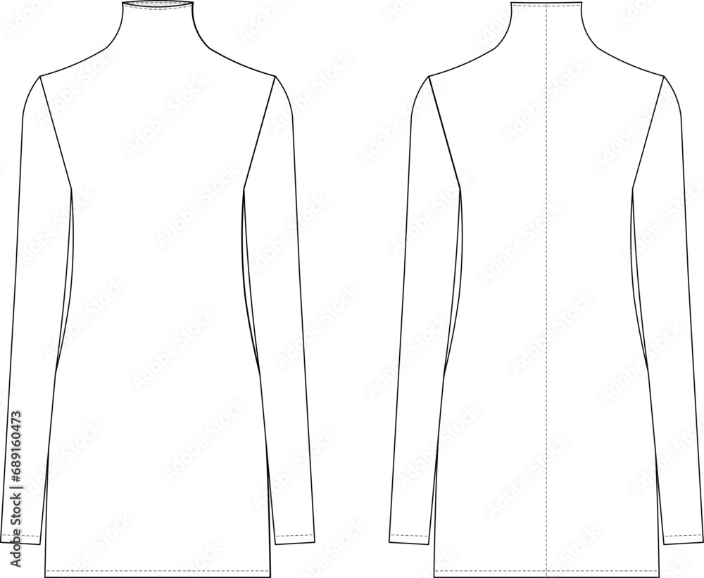 high neck  elastic long sleeve mini short dress template technical drawing flat sketch cad mockup fashion woman - obrazy, fototapety, plakaty 