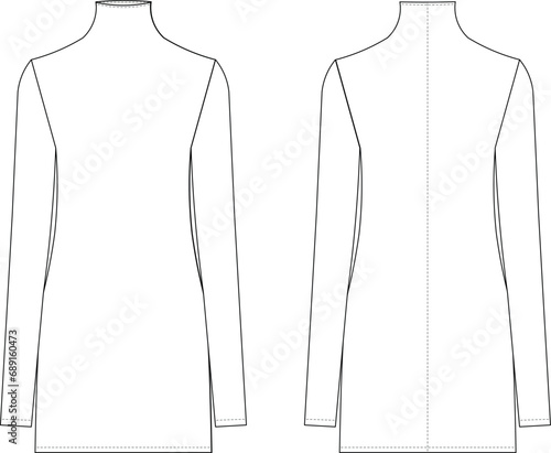 high neck  elastic long sleeve mini short dress template technical drawing flat sketch cad mockup fashion woman