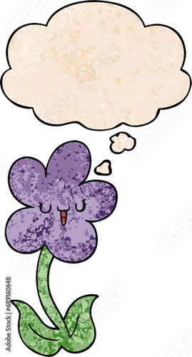 cartoon flower with happy face with thought bubble in grunge texture style
