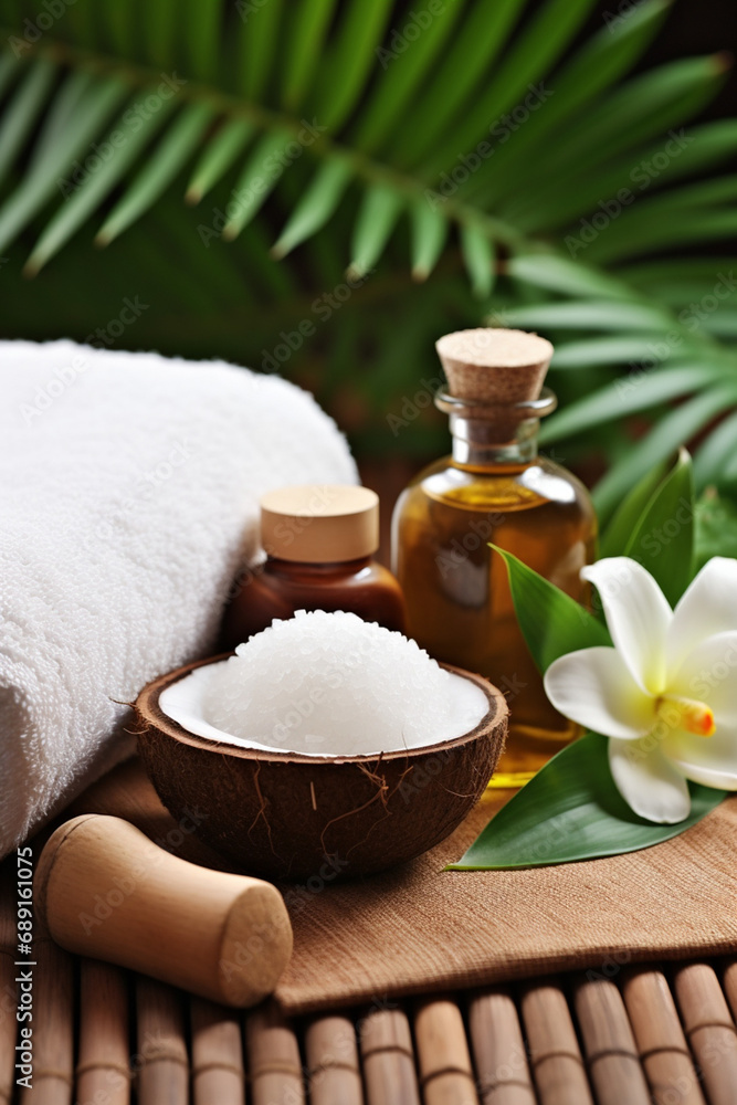 Thai Massage Spa Therapy with Herbal Towel Compress Ball, Coconut Oil, Perfume, Cosmetics, and Plumeria Flower on Massage Bed created with Generative Ai Thai Massage Spa Therapy with Herbal Towel Compress Ball, Coconut Oil, Perfume, Cosmetics, and Plumeria Flower on Massage Bed created with Generative Ai