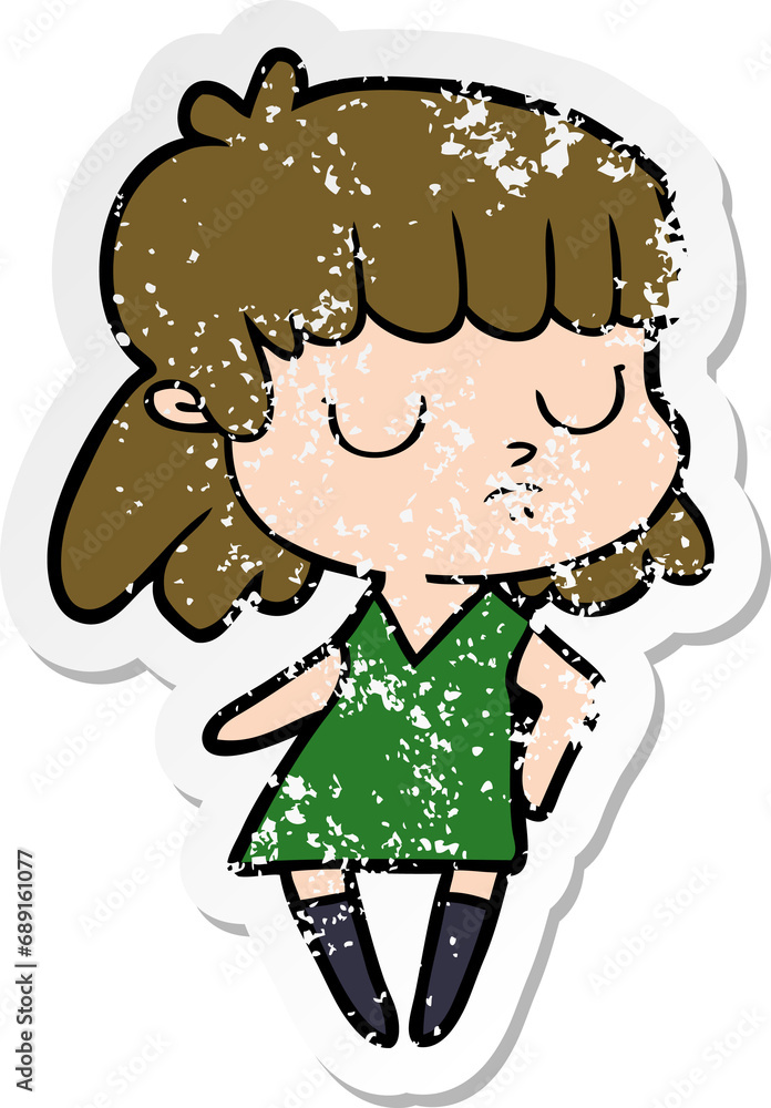 distressed sticker of a cartoon indifferent woman distressed sticker of a cartoon indifferent woman
