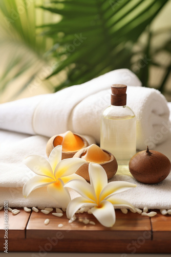 Thai Massage Spa Therapy with Herbal Towel Compress Ball  Coconut Oil  Perfume  Cosmetics  and Plumeria Flower on Massage Bed created with Generative Ai