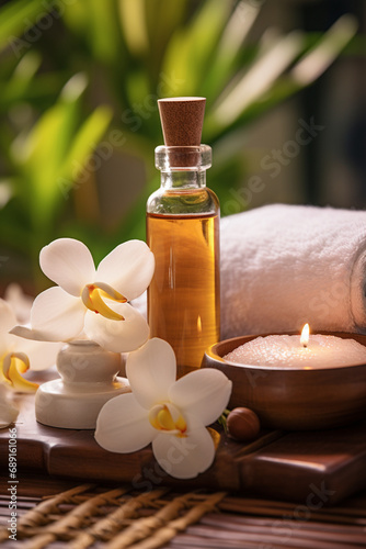 Thai Massage Spa Therapy with Herbal Towel Compress Ball  Coconut Oil  Perfume  Cosmetics  and Plumeria Flower on Massage Bed created with Generative Ai