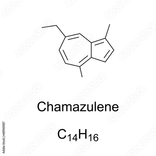 Chamazulene chemical formula and structure.  Organic aromatic compound and blue-violet derivative of azulene, found in chamomile, wormwood, yarrow, and other plants, with anti-inflammatory properties.