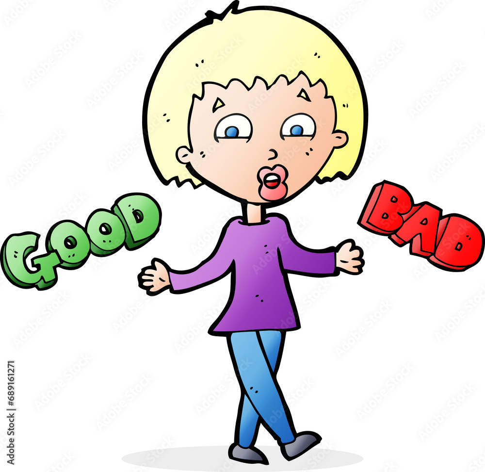 cartoon woman weighing up good and bad options cartoon woman weighing up good and bad options
