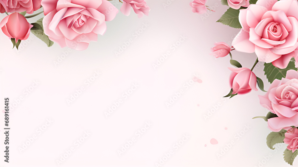 spring floral background with copy space,frame made of beautiful pink roses and green leaves isolated on white background with copy space,Wedding frame with copy space,generative ai
