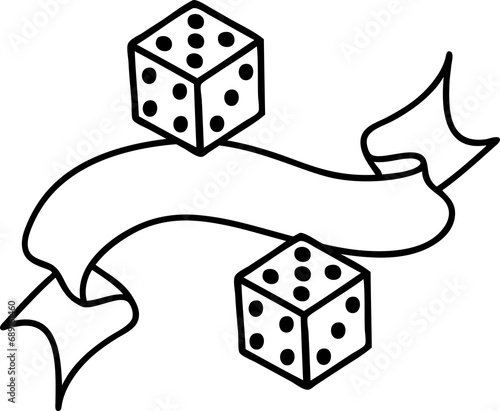 traditional black linework tattoo with banner of a dice