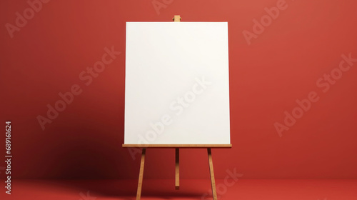 Easel with blank canvas on red background.